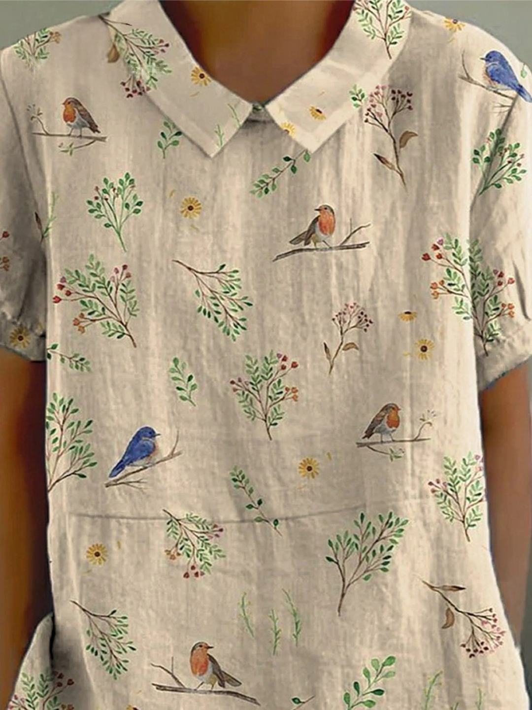 Boughs And Robin Birds Pattern Printed Women's Casual  Shirt