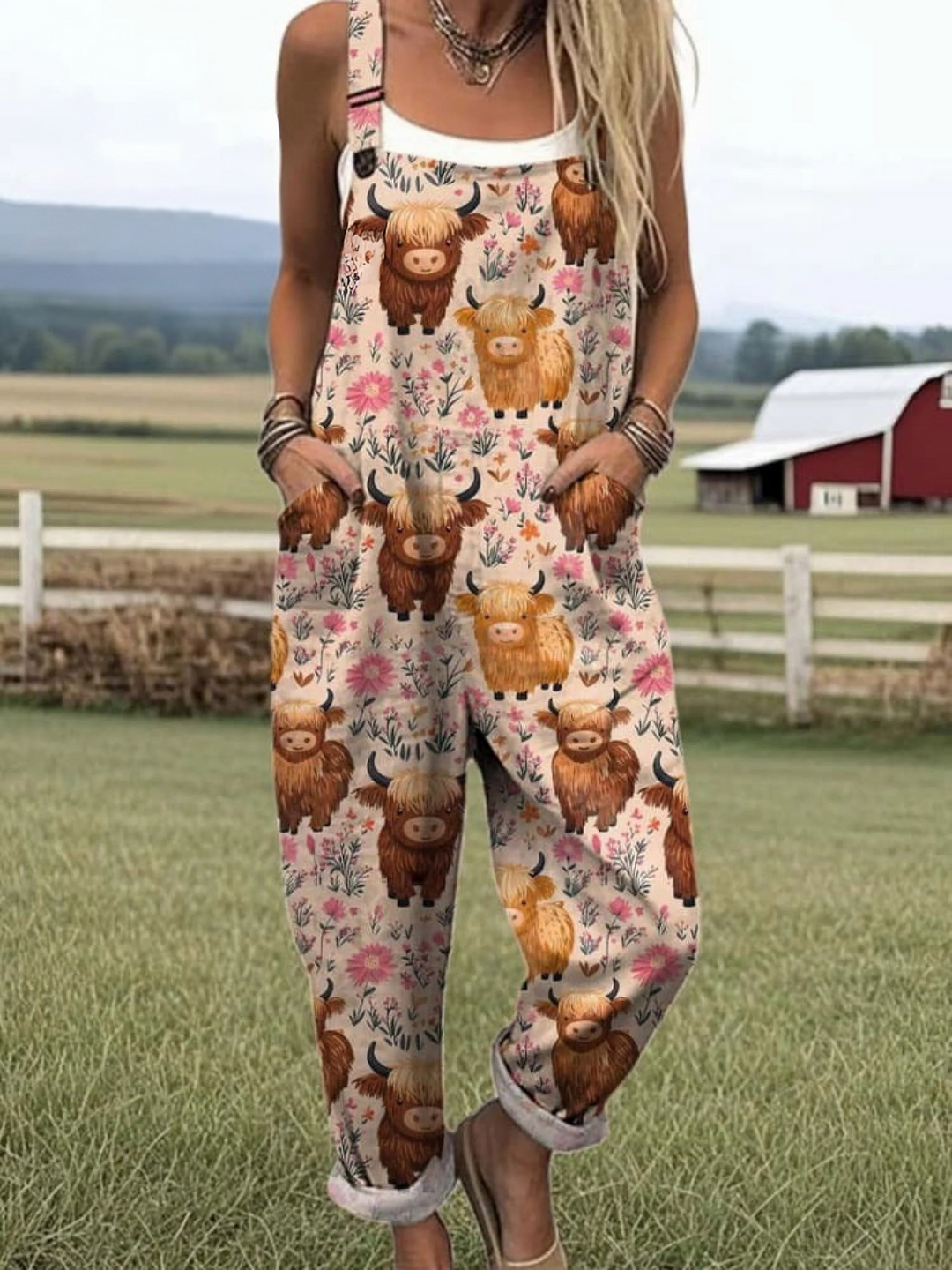 Women's Flying Bees Pattern Casual  Wide Leg Linen Jumpsuit
