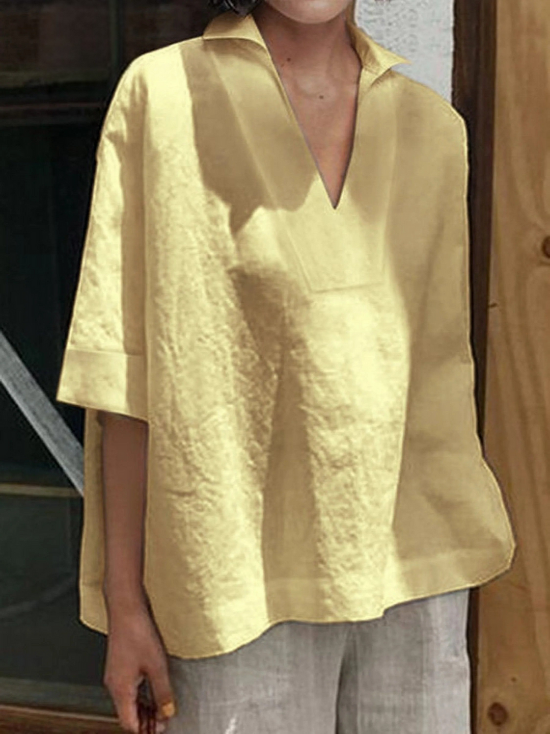 Women's V-neck  Solid Colour Loose Mid-Sleeve Shirt