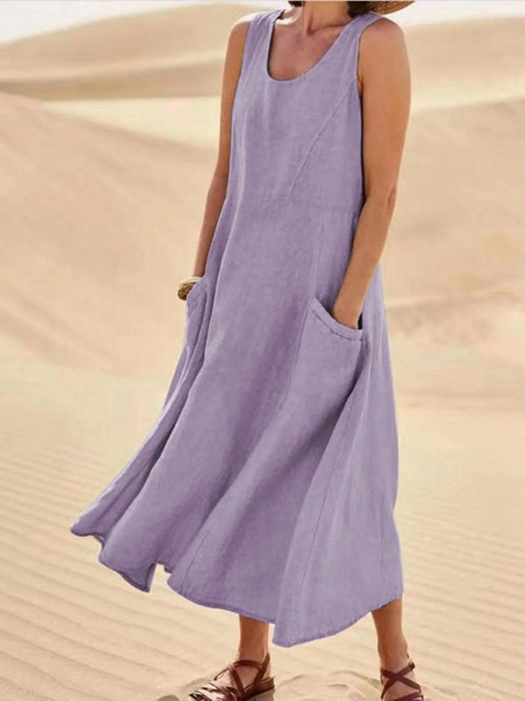 Women Sleeveless Sundress Elegant Round Neck  Solid Long Tank Casual Summer Dress