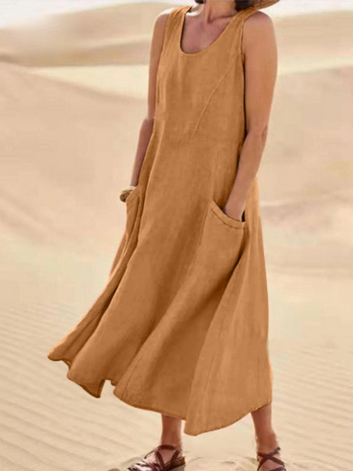 Women Sleeveless Sundress Elegant Round Neck  Solid Long Tank Casual Summer Dress
