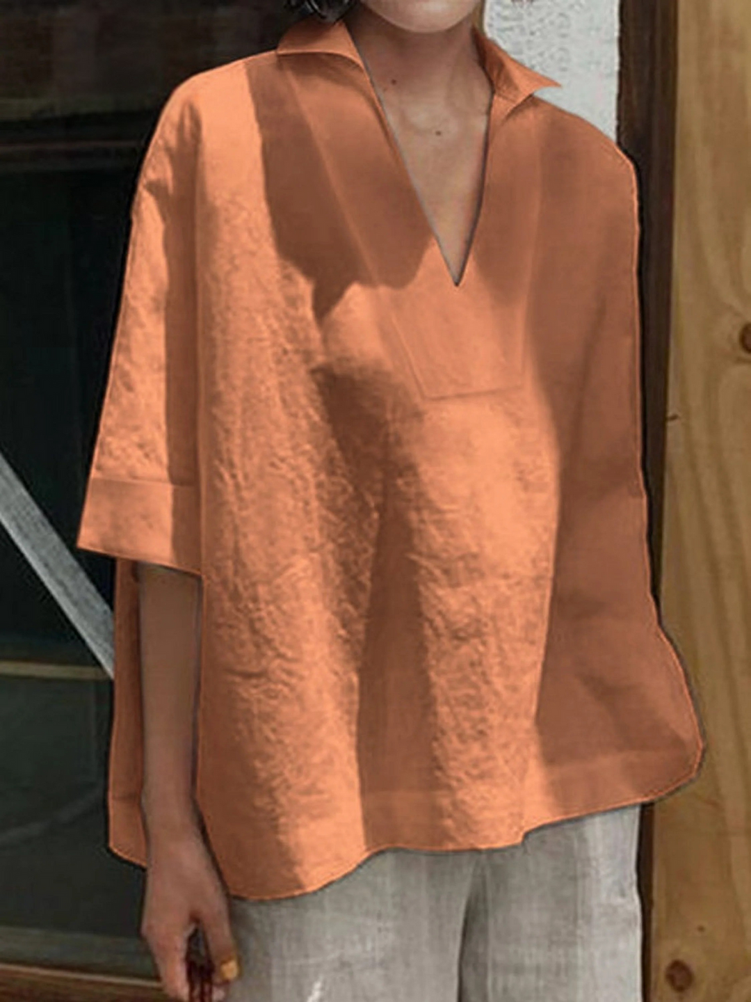 Women's V-neck  Solid Colour Loose Mid-Sleeve Shirt