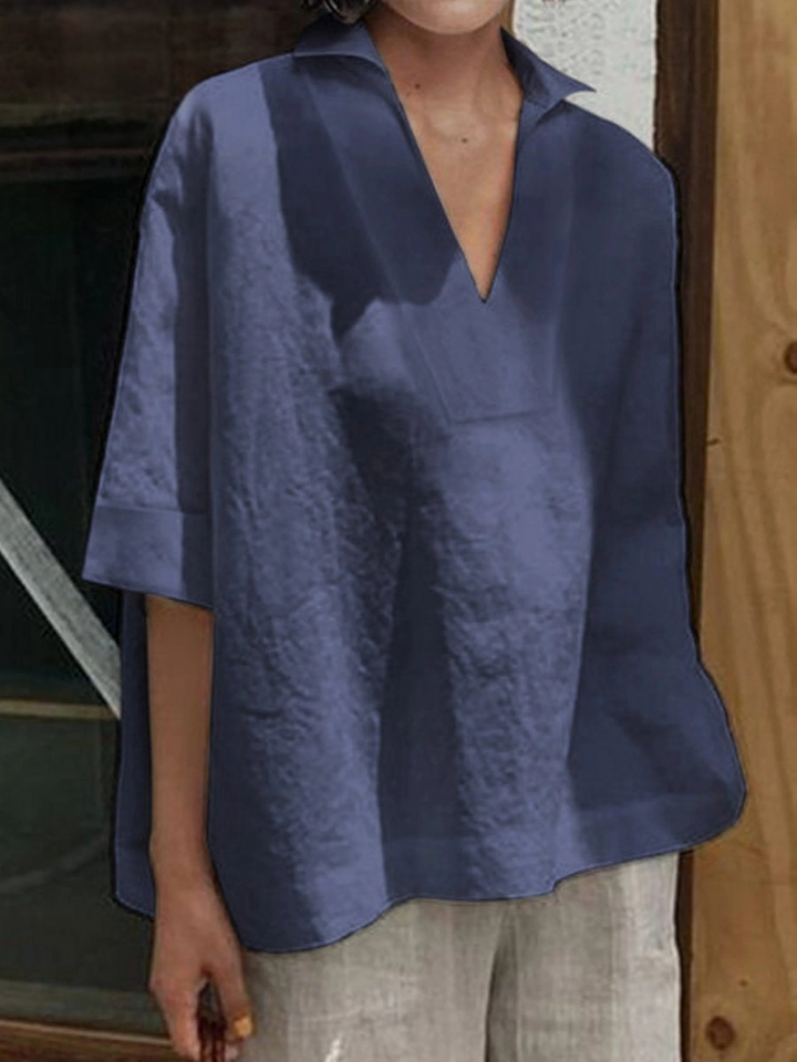 Women's V-neck  Solid Colour Loose Mid-Sleeve Shirt