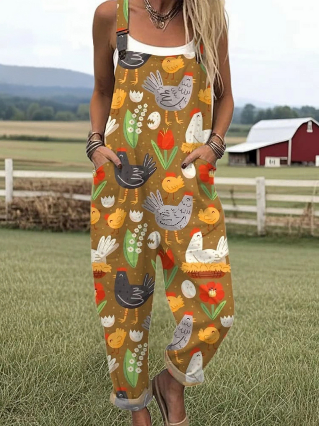 Women's Flying Bees Pattern Casual  Wide Leg Linen Jumpsuit