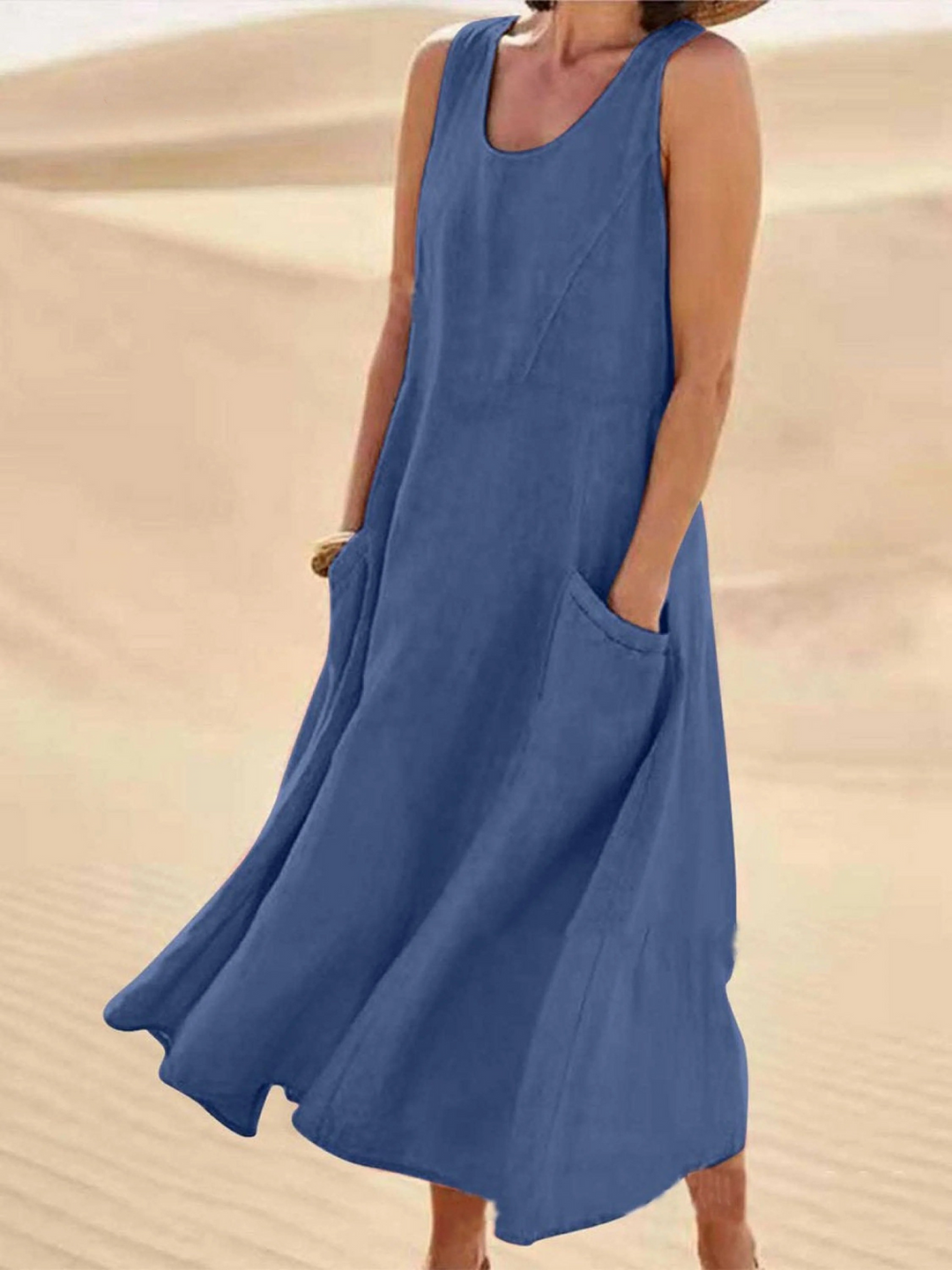 Women Sleeveless Sundress Elegant Round Neck  Solid Long Tank Casual Summer Dress