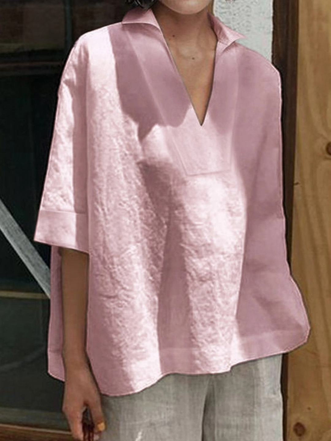 Women's V-neck  Solid Colour Loose Mid-Sleeve Shirt