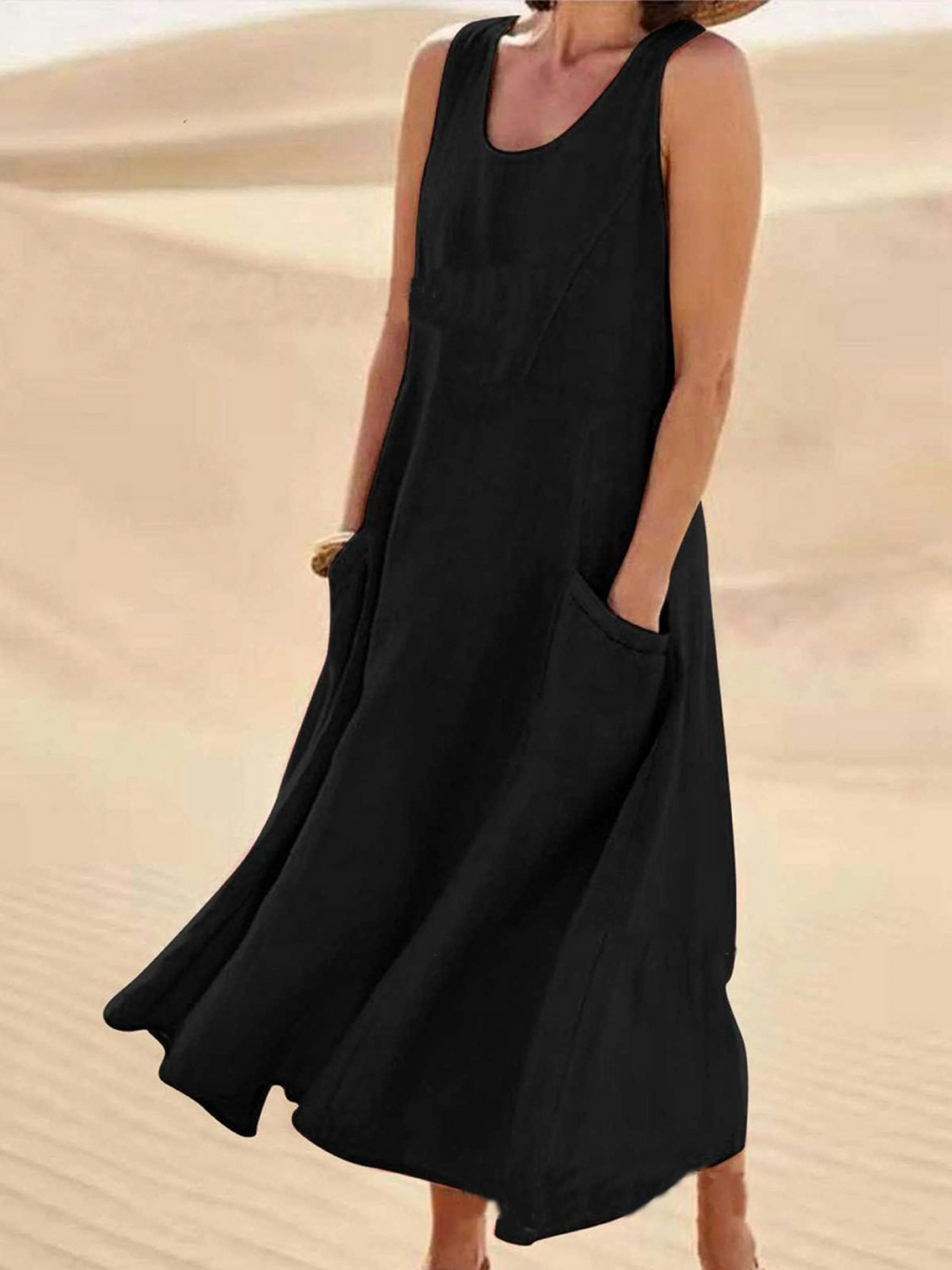 Women Sleeveless Sundress Elegant Round Neck  Solid Long Tank Casual Summer Dress