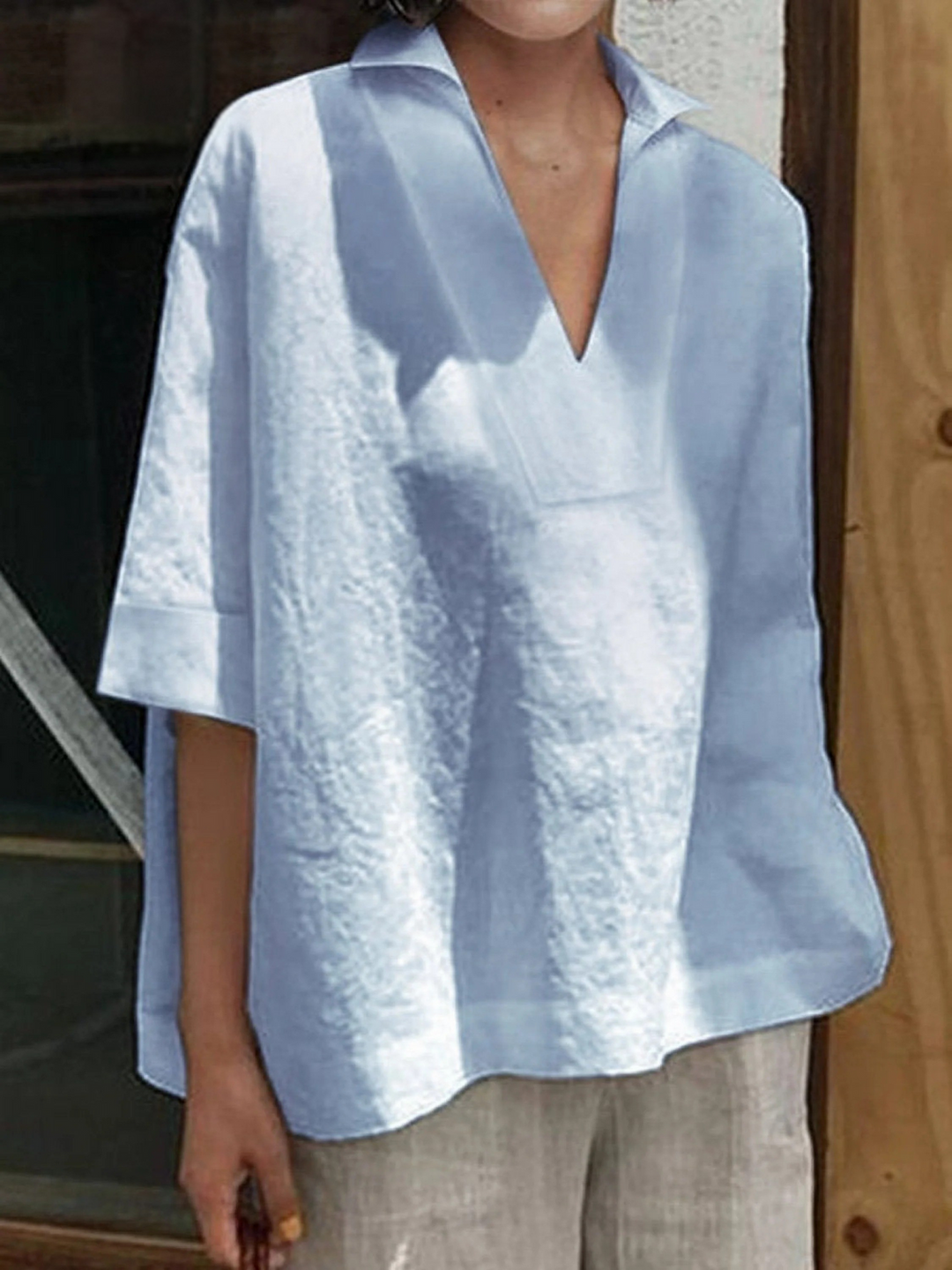 Women's V-neck  Solid Colour Loose Mid-Sleeve Shirt