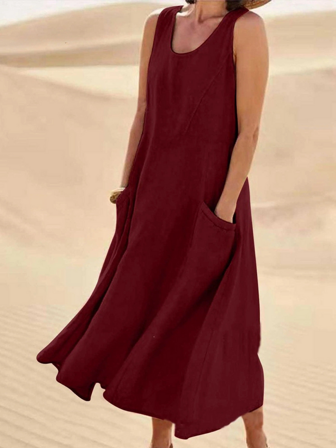 Women Sleeveless Sundress Elegant Round Neck  Solid Long Tank Casual Summer Dress