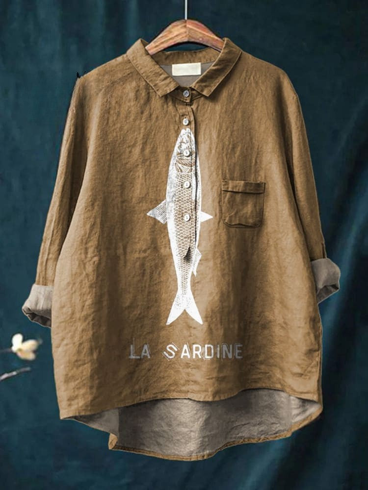 Sardine Fish Graphic Printed Women's Casual  Linen Shirt