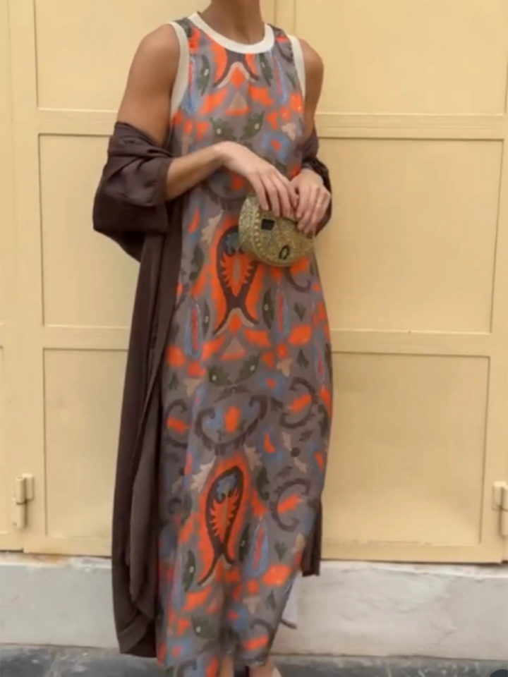 Women's Printed Satin Cardigan Dress Two-Piece Set