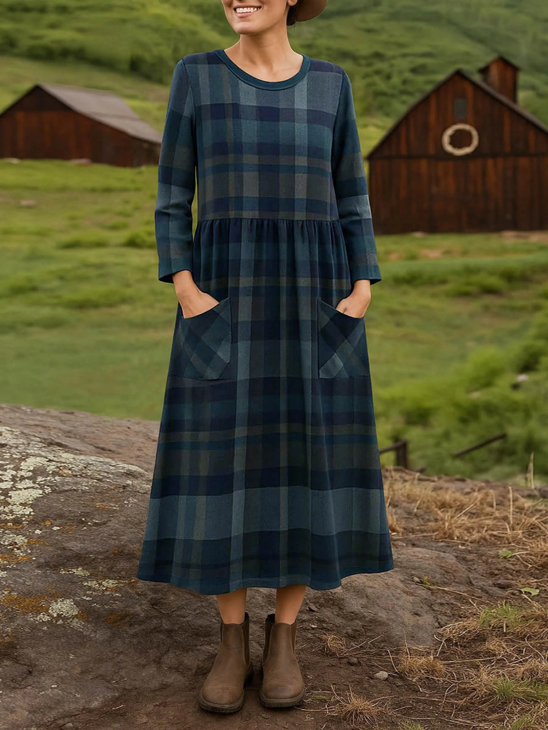 Women's Round Neck Long Sleeve Plaid Print Casual Cotton A-Line Dress