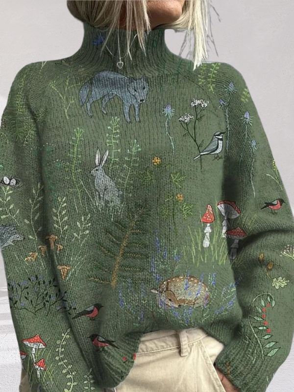 Woodland And Animal Pattern Printed Knit Turtleneck Pullover Sweater