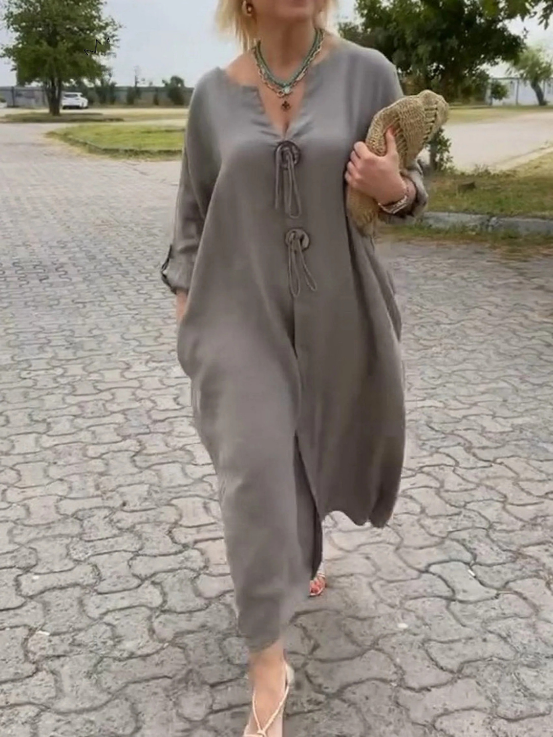 Women's V-Neck Button Detail Imported Cotton Linen Pocket Dress