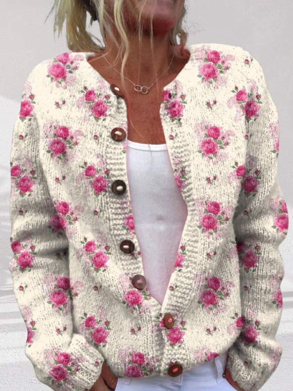 Watercolor French Rose Repeat Pattern Print Buttoned Cardigan Sweater