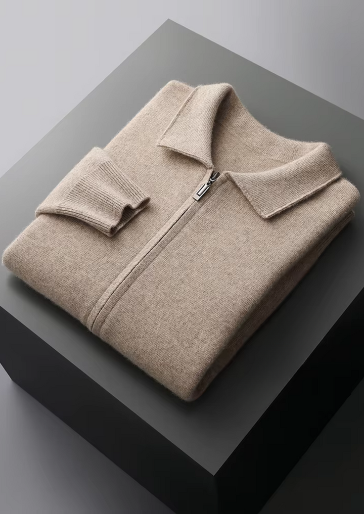 EXTRA-FINE MERINO WOOL ZIP POLO CARDIGAN