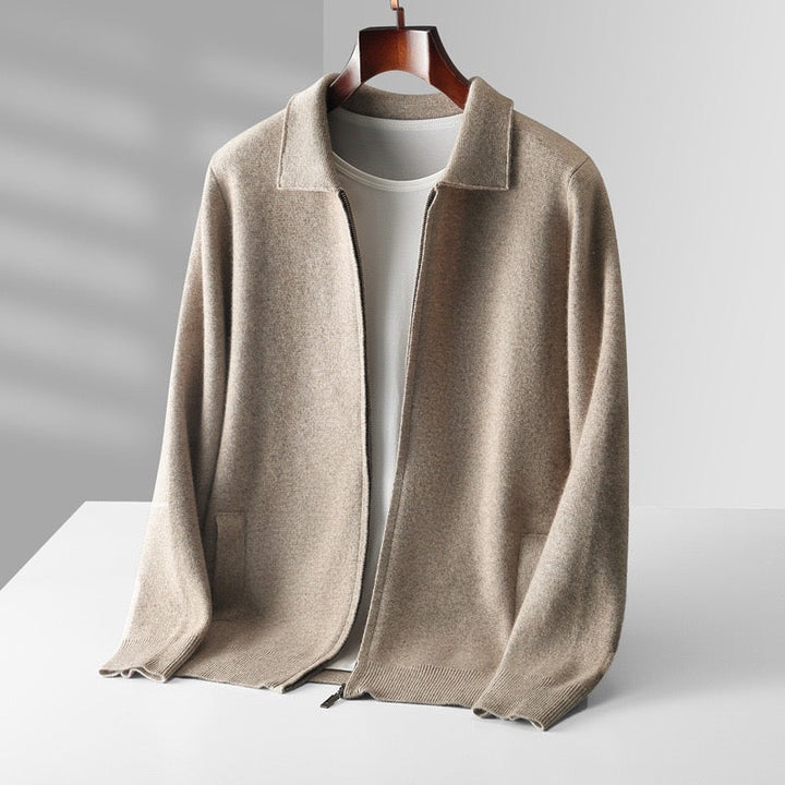 EXTRA-FINE MERINO WOOL ZIP POLO CARDIGAN