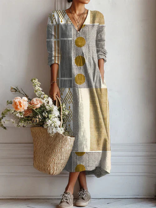 Women's Vintage Flower Art Print Linen Pocket Tunic Dress