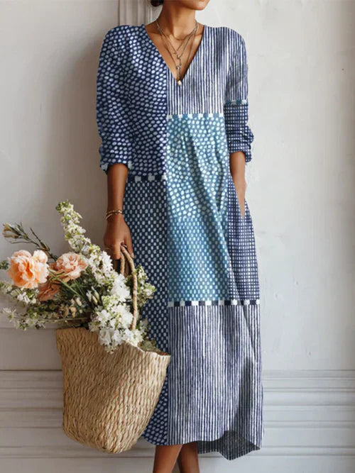 Women's Vintage Flower Art Print Linen Pocket Tunic Dress